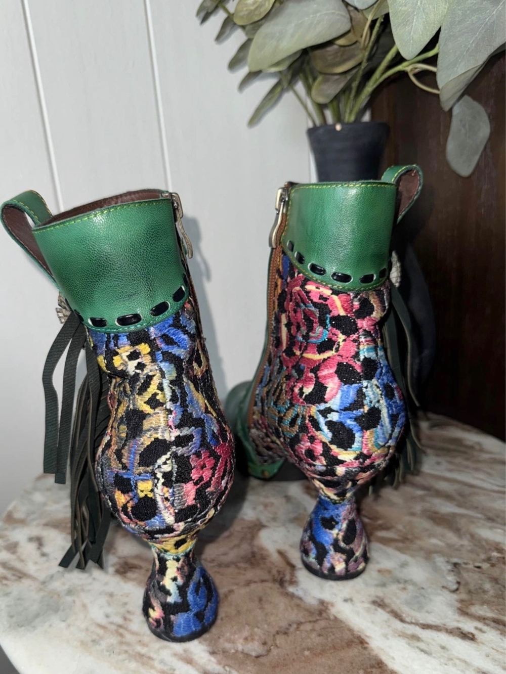 Green Leather Tassel Ankle Boots with Multicolor Textile Accent - Picture 2 of 2